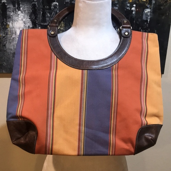 NWOT Nine West Striped Canvas Hobo Tote w/Faux Leather Trim - Picture 2 of 12